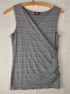 Salaam Gray Sleeveless Top S Soft Wrap-Style Pinstripe V-Neck Stretch Femme USA